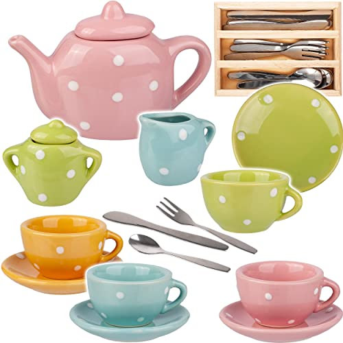 alles-meine.de GmbH 26 TLG. Set Puppengeschirr/Teeservice & Kaffeeservice + Besteckset - Bunte Punkte - Geschirr Porzellan/Keramik - Porzellangeschirr - Kinderküche - Pickn..