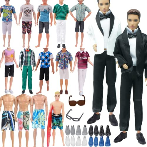 Ensemble de vêtements et Accessoires pour poupées Ken, Comprenant 1 Costume Ken, 5 Hauts, 5 Pantalons, 2 Shorts de Planche, 8 Chaussures, 1 Paire de Lunettes et 1 Planche de Surf (Style aléatoire)