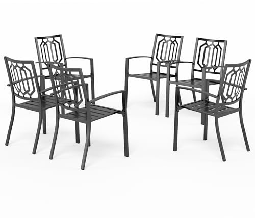 PHI VILLA Gartenstühle Metall 6er Set Outdoor Stapelbar Esszimmerstühle | Rostbeständig E-beschichtet Metall Stapelstühle, Mit Armlehnen, 136 kg Tragkraft, Schwarz