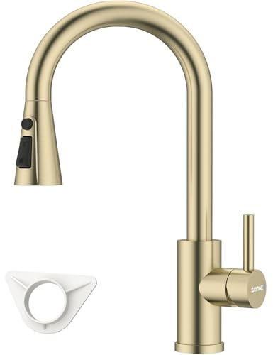 DAYONE Gold Kitchen Sink Tap Mixer with Pull Out Sprayer, SUS304 Stainless Steel Sink Mixer Taps, 360°Swivel High Arc 3 Functions Spray Brush Gold Kitchen Faucet