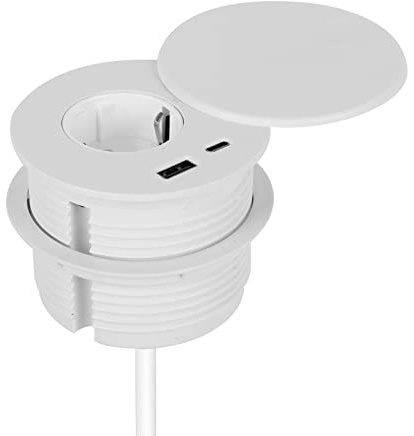 Einbausteckdose mit USB, Versteckte Tischsteckdose mit Abdeckung Ausgestattet mit 1 Schuko, 1 USB-C Anschluss, 1 USB-A Anschluss und 1,5m Netzkabel, Tischsteckdose für 80mm Tischloch (Weiß)