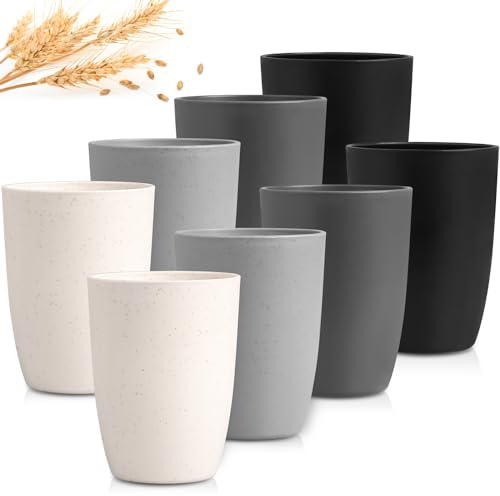 GENLGE 12 OZ Wheat Straw Cups Reusable Drinking Tumblers, Unbreakable Cups for Kitchen - BPA Free, Dishwasher Safe, Set of 8, Ombre Grey