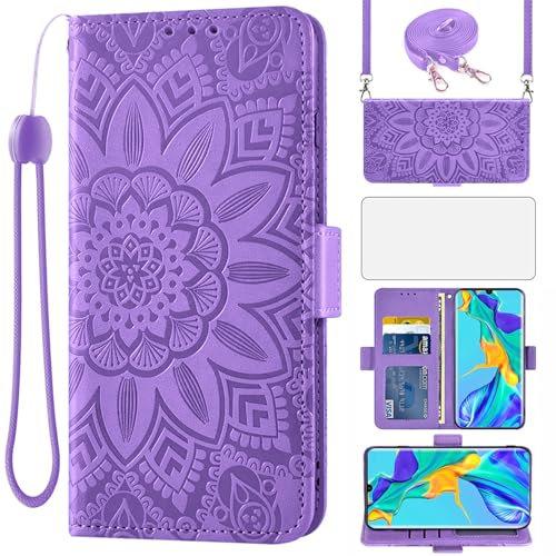Asuwish Handyhülle für Huawei P30 Pro Hülle mit Band und Glas Folie Schutzfolie Kartenfach Klappbar Leder Geldbörse Ständer HuweiP30Pro Hawaii P 30 P30Pro VOG-L29 Handy Hüllen Blumen Phone Case Lila