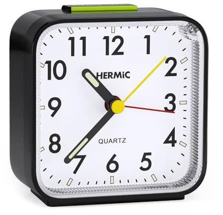 HERMIC Alarm Clocks Bedside Silent Non Ticking Battery Powered Travel Small Analogue Clock with Light Snooze Luminous Pointer for Bedroom Office Included Battery [Energy Class A+++]