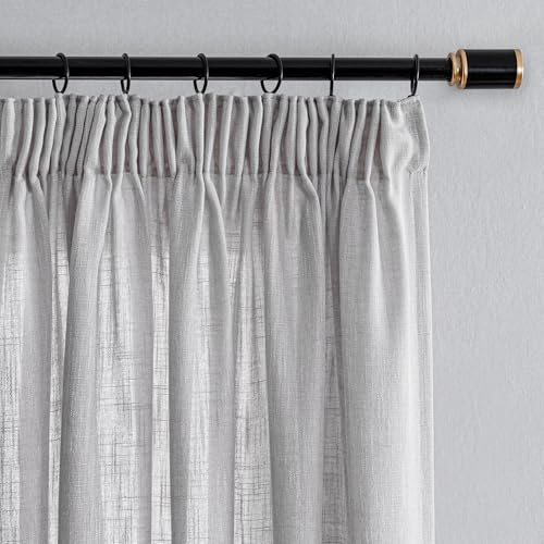 MYSKY HOME Vorhänge Kurz Leinenoptik Gardine Wohnzimmer mit Kräuselband Halbtransparent Vorhang 2er Set H 160 x B 140 cm Natürlicher Stil Gardinen Halbtransparent Linen Curtains, Hellgrau