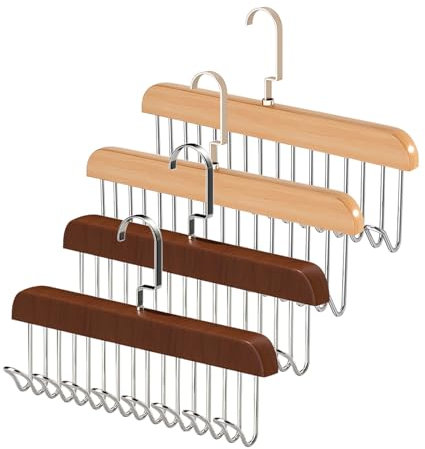 4 PCS Anti Slip Multi Hook Coat Rack for Bras, Wooden Belt Hanger for Closet Multifunctional Coat Hangers with 8 Hooks Hanging Wardrobe Storage Organiser (Wood + Brown)
