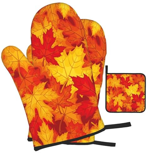 Ofenhandschuhe und Topflappen-Set, Motiv: Herbst-Ahornblätter, Küchenhandschuhe, 500 Grad, hitzebeständig, Ofenhandschuh und Hot Pad zum Kochen, Grillen, Backen, Grillen