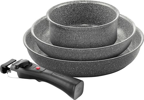 Ballarini Torre Set de Poêles et Casserole, Poêles 24 + 28 cm, Casserole 16 cm, Revêtement Céramique, Optimisé pour l’Induction, Poignée Amovible, Aluminium, Gris