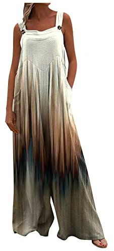 Hippie Kleidung Damen, Damen Sportanzug Hausanzug Damen Kuschelig Frauen Casual Drucken Plissee Square Neck Ärmellose Lang Jumpsuit Mit Taschen Women Clothes Einweg Schutzanzug(2-Light Brown,S)