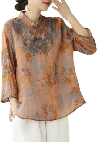 Blusa china de verano para mujer, manga 3/4, cuello mandarín, camisa étnica de lino y algodón Qipao, M