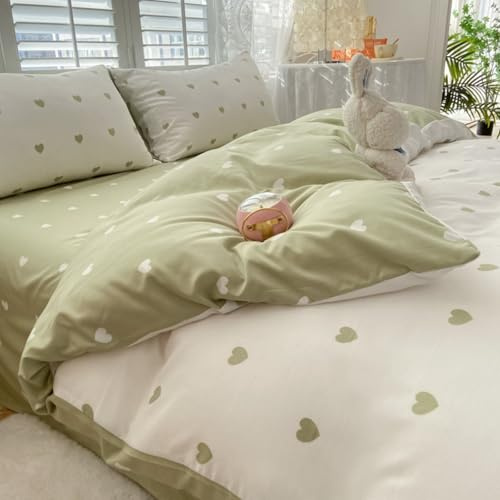 Freyamy Herz Bettwäsche 135x200 Herzen Grün Weiß Mädchen Bettwäsche Set | Aesthetic Wendebettwäsche, 2teilig Bettwäsche-Sets, Microfaser ÖKO-TEX Bettbezug mit Reißverschluss und 1 Kissenbezug 80x80cm