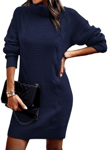 Rayson Vestiti Casual Vestito Donna Elegante Lungo Vestito Donna Invernale a Collo Alto Abiti a Maglione Donna Vestiti Midi Curvy Abito(Blu Navy,L)