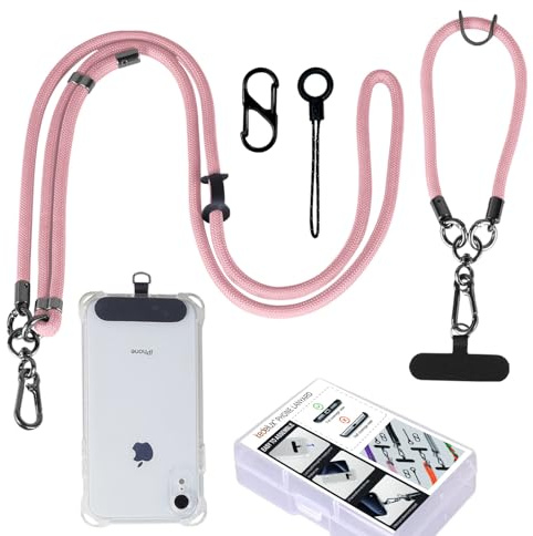 kedelux Phone Lanyard Crossbody, Adjustable 1x Cell Phone Neck Strap 1 x Wrist Strap, Anti Theft Universal Nylon Phone Chain for iPhone Samsung, Pink