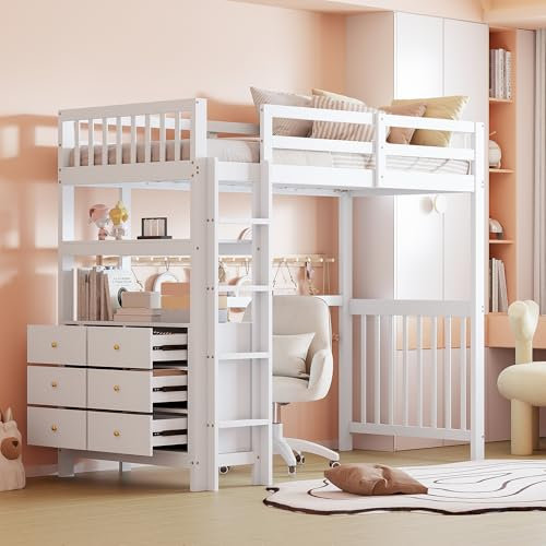 KecDuey Hochbett 90x200cm,Kinderbett mit vertikale Sicherheitsleiter, Schubladen und Regale, hohes Zaundesign, Lattenrost, Jungenbettett aus Kiefernholz, Einzelbett (Weiß)