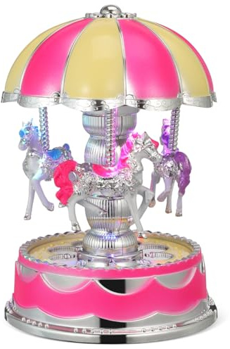 Amosfun Luxus-Karussell-Spieluhr Mit 3 Pferden Rotierendes Led-Licht Leuchtende Rotation (Rosa)