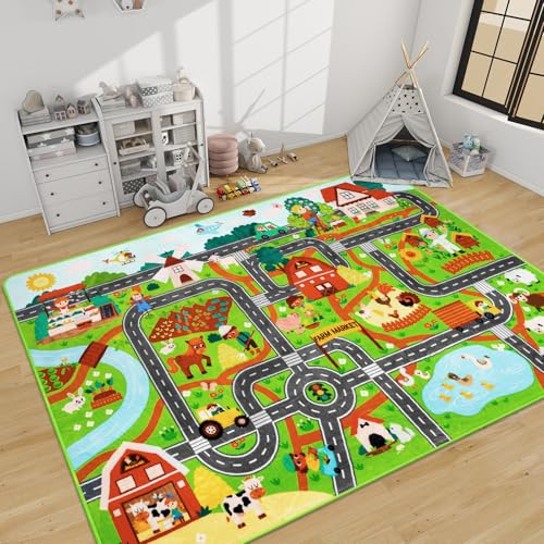 AKUNRUG Kinderteppich Autoteppich für Spielzeugautos 200×150 CM, Bauernhofleben, Straßenverkehr für Spielzimmer, Kinderauto-Straßenteppich Dorfkarte Spielmatte Spielteppich für Kleinkinder Bauernmarkt