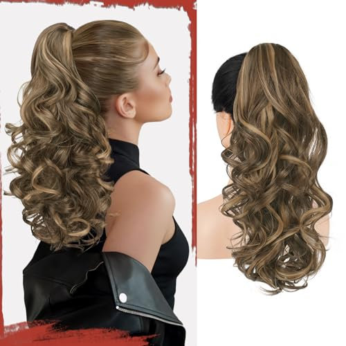 Sofeiyan Ponytail Queue de Cheval Postiche Naturel 43 cm Bouclée avec Pince, Extension Cheveux Synthétiques Ondulés Rajout Léger pour Femmes, Blond Miel Mélangé Marron Clair