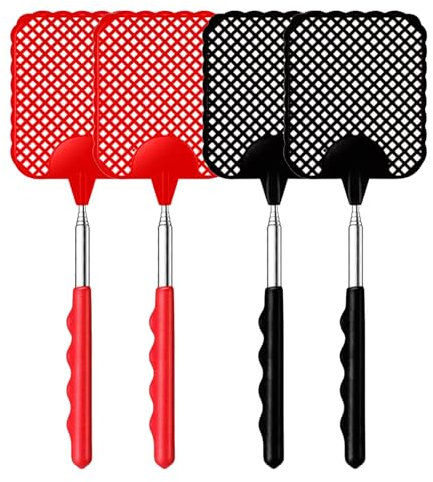 iZhuoKe Matamoscas[4 Piezas],Matamoscas Extensible Grande,Plástico Manual con Mango Telescópico Robusto y Duradero,para Evitar Moscas y Mosquitos(Negro+Rojo)