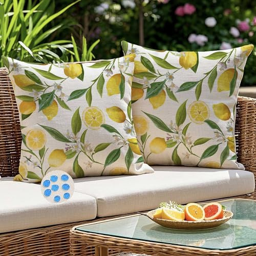 Kiatuniya Funda Cojin Exterior Impermeable 45x45 cm Limón Amarillo Cuadros Fundas Cojines Decorativos Moderna Lavable Funda Almohada para Sofá Jardín Silla Terraza Balcones Salón, Juego de 2