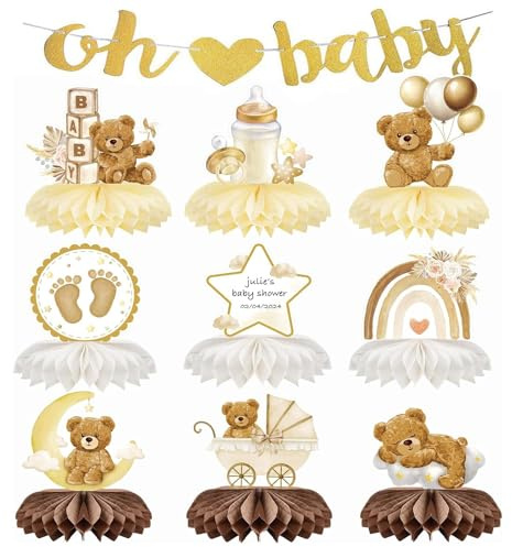 10 Stück Babyparty Deko Bär, Gender Reveal Party Deko mit Bienenwaben | 9 Bienenwaben-Tischaufsteller mit Oh Baby Girlande für Baby Shower, Taufe, Geburt, Junge & Mädchen
