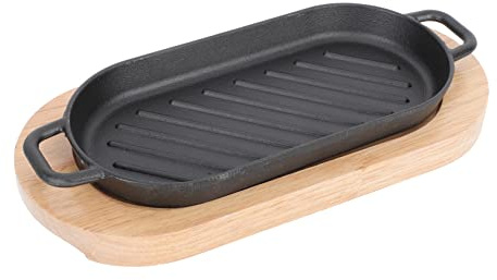 LABRIMP Rectangular Cast Iron Teppanyaki Grill Plate with Wood Tray, Sizzle Plate for Steak and Fish, Keeps Food Hot, for Home or Party
