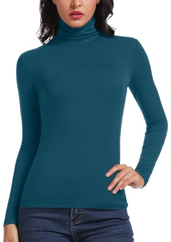 STARBILD Långärmad damtröja polotröja turtleneck toppar casual enfärgad rolli tröja slim fit basic top t-shirt, blå, XL