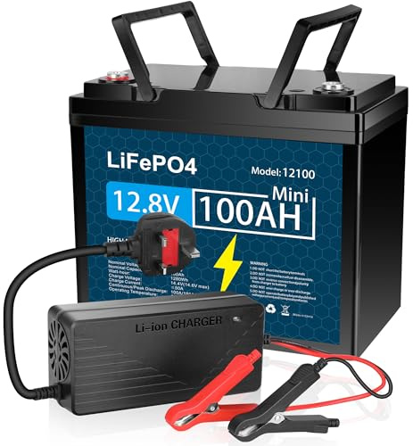 KUNLUN 100AH 12.8V LiFePO4 Battery and 10A Charger, with 100A BMS | Low Temperature Protection, Up to 15000+ Deep Cycles Lithium Battery, for RV, Boat, Campervan, Backup Power (Battery+Charger)