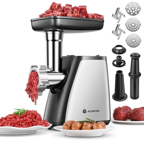 Tritacarne AAOBOSI, Tritacarne Elettrico 3-IN-1[2800W Max]con 2 Lame, 3 Piatti, Insaccatrice per Salsicce, Kit Kubbe, per Uso Domestico in Cucina, Acciaio Inossidabile