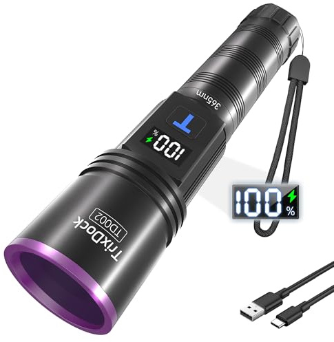 TrixDock UV Torch 365nm Black Light, Rechargeable UV Light with LCD Display | 365nm UV Light Detects Pet Urine, Stains and Bed Bugs. USB-C Rechargeable with LCD Display, Waterproof [Energy Class A+++]