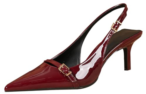 Escarpins Femme Vernis Bordeaux À Bout Pointu avec Bride Arrière, Talon Aiguille 7cm avec Boucle Décorative - pour Bureau & Soirée,Burgundy,37 EU