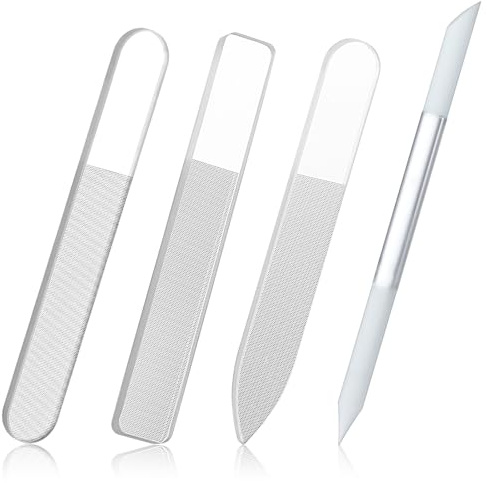 Lot de 4 limes à ongles en verre pour femme - Polissoirs à ongles longs double face en verre - Kit d'outils de soins professionnels pour pédicure, ongles des doigts et des orteils, manucure et