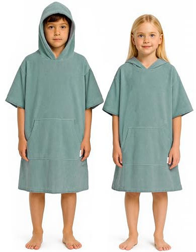 CalmyBEACH Leicht Frottee Badeponcho Kinder - Mädchen Jungen Baumwolle Poncho Handtuch Bademantel Badetuch Surf Strandponcho Kapuzenhandtuch 3-5 Jahre Jade