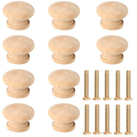 Juyibaao 10 PCS Wooden Cabinet Knobs, Round Beech Drawer Handles with Screws, Natural Unfinished Paintable Cupboard Knobs for Kitchen Wardrobe Drawer (27mm*21mm)