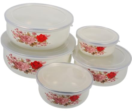 WESIEVYA Bol en Émail avec Couvercle, Lot de 5, 250 à 1000 Ml | Plastique, Bords Lisses, Portable et Léger, pour Maison et Commerces, Usage Alimentaire Varié