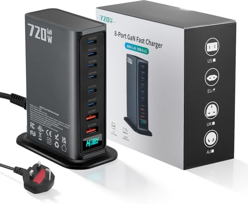 720W 8-Port USB Charging Station, Fast Charging Station with 8-Port, 140W/100W/20W USB C Fast Charger Hub Compatible with Laptop MacBook Pro/Air, iPad, iPhone, Samsung Android
