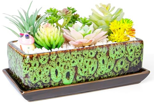 ARTKETTY Succulent Pots - Long Rectangle Succulent Planters with Drainage Tray, Window Sill Planter, Ceramic Pots for Indoor Cactus Plants Shallow Bonsai Window Box for Home Garden Decor