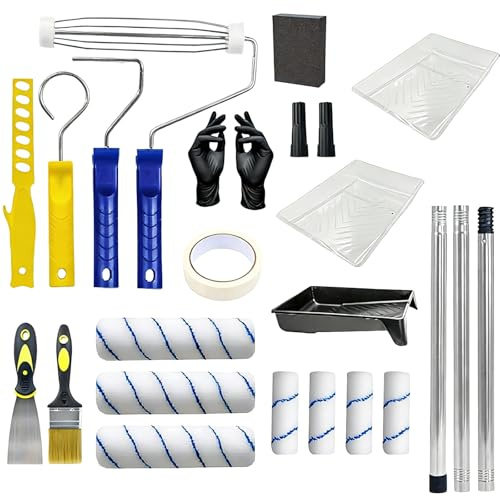 23PCS Paint Roller Set with Extension Pole, Paint Rollers and Trays Sets | Roller Sets for Painting, Professional Painting Supplies Paint Brushes Set for Walls, Ceilings, Home, Oil Paints