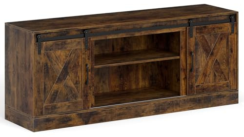 GYMAX Meuble TV Longueur 150cm pour Téléviseur Jusqu'à 70 | Banc Télé avec Étagères Réglables, Portes Coulissantes à Grange et Plateau Spacieux, Style Rustique, Charge 180kg