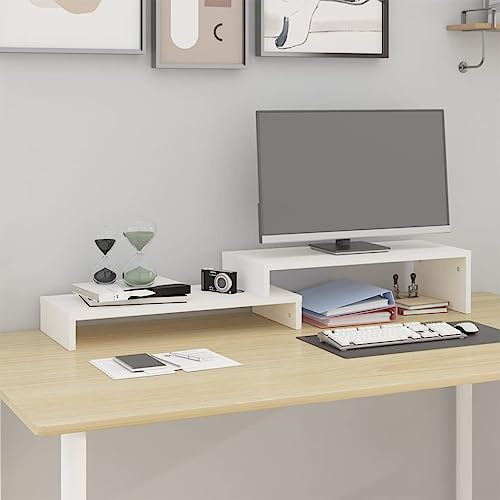 Zentexion monitorstativ vit av massiv furu justerbar höjd 52–101 x 22 x 14 cm ergonomiskt för datorbord, kontorsbord, spelbord, utrymmesbesparande för hemmakontor, vardagsrum
