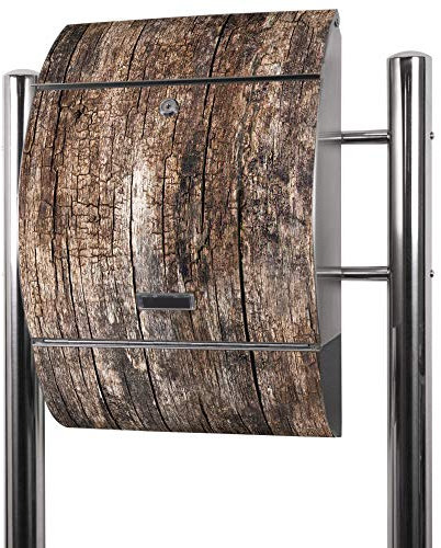 banjado® Standbriefkasten Edelstahl mit Zeitungsfach Motiv Altes Holz/Briefkasten mit Standfuß/Edelstahl Briefkasten freistehend - A4 Einwurf inkl. 2 Schlüssel