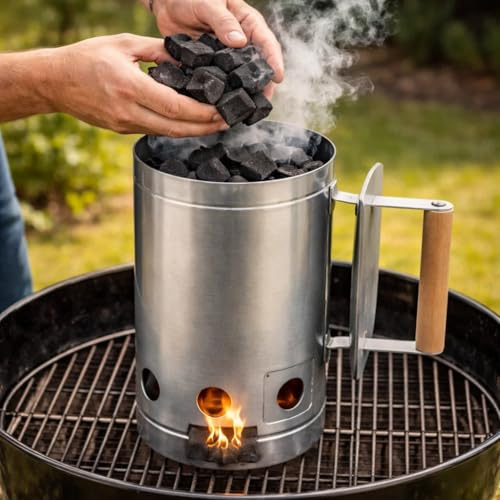 DRULINE Grillanzünder - Kohleanzünder - Grillstarter - Anzündkamin - Kohlestarter - ca.Ø 17 x 27 cm - Stahlblech verzinkt/Holz - hitzebeständig - einfache Anwendung - mit Funkenschutz