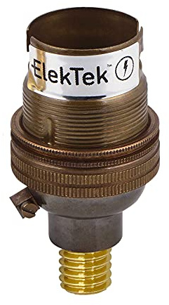 ElekTek Unswitched Lamp Holder Antique Brass B22 BC Bayonet Cap & Shade Ring with CNC Solid Brass 7/16th Screw-in Wood Mount - Made in UK