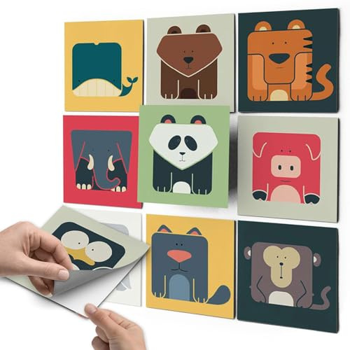 Fliesenmuster Deko-Folie Badfliesen Kinder I Fliesenfolie Sticker Aufkleber Klebefolie Fliesen Badezimmer renovieren Dekoration Küche I 15x15 cm - Motiv Zoo Maniac - 9 Stück