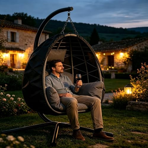 Fauteuil Oeuf Suspendu Épais Coussin de Siège et Appui-tête Housse Anti-Pluie Hauteur Réglable Structure Stable Pliable et Amovible Chaise Balançoire en Rotin Synthétique Intérieur et Extérieur (Gris)