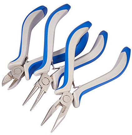 PandaHall – Set mit 3 Zangen für Schmuckherstellung: 1 Zange mit rundem Ende, 1 Flachzange, 1 Seitenschneider, blauer und weißer Griff, 110~125 x 70 mm