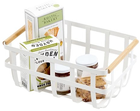 Yamazaki 2507 TOSCA Storage Basket with Handles, white, Steel/Wood, 36 x 22 x 16 cm