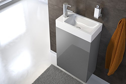 SAM Waschtisch Vega, Waschplatz grau Hochglanz, 40 x 22 cm, Waschbecken aus Kunststoff, Tür mit Push-Open-Funktion