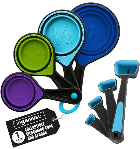 Collapsible Measuring Cups and Measuring Spoons | Portable Food Grade Silicone Measurement Cup Set for Liquid & Dry Food | Dog Food & Camping & Kids Measuring Cup