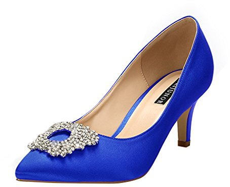 ERIJUNOR Women's Pumps Low Heel Rhinestone Brooch Satin Evening Dress Wedding Shoes