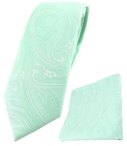 TigerTie schmale Designer Krawatte Designer Einstecktuch in mint silberweiss Paisley gemustert - Krawattenbreite 6 cm